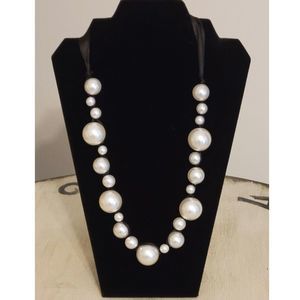 White Pearl and Black Ribbon Necklace